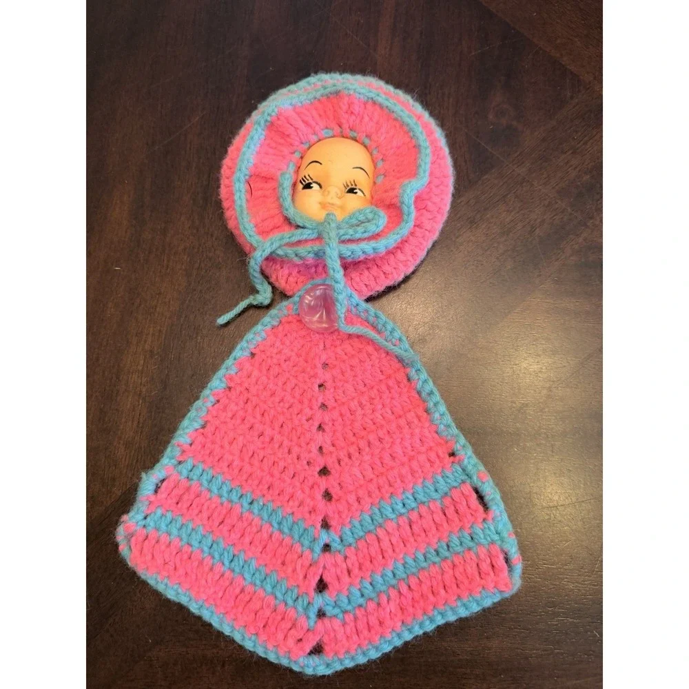 Vintage Hangable Crochet Plastic Doll Head Pot Holders  Pink Blue potholder